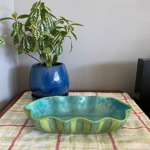 Gail Pittman Provence Handpainted Blue Green Ceramic Dish w/ Scalloped Edges